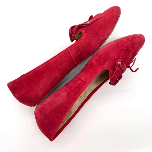 BIRDIES Red Cardinal Suede Flat Womens 9.5 Kiltie Fringe Faux Fur Lined Loafer - Picture 6 of 14